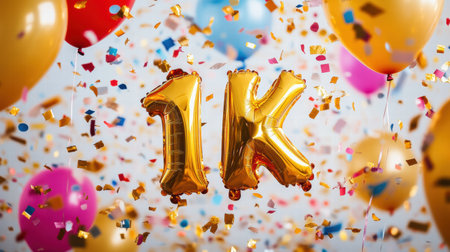 Golden foil balloons shaped as 1K soar among vibrant confetti and balloons, creating a lively celebration of subscriber milestones.の素材