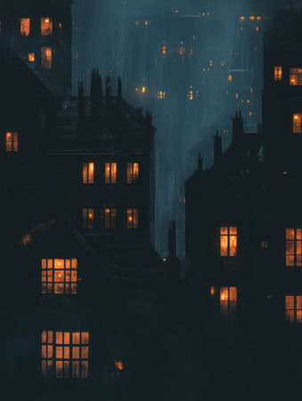 Illuminated windows break the darkness of a cityscape at night, creating a mysterious atmosphere among the towering buildings.の素材