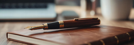 An ornate fountain pen with gold accents lies on a leather notebook, enhancing the sophisticated atmosphere of a workspace with a laptop.の素材