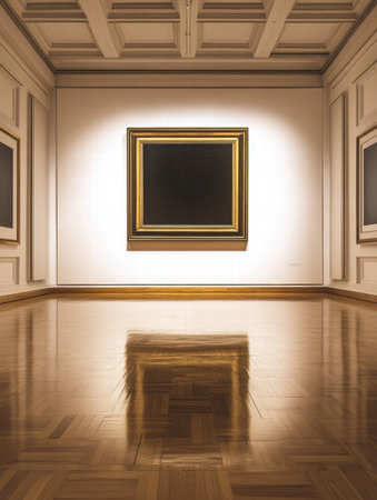 Elegant art gallery features polished wooden floors reflecting spotlighted artworks in an inviting atmosphere at midday, perfect for culture lovers.の素材