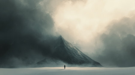 A lone figure stands in solitude at the base of a massive mountain, enveloped by an expansive, moody sky filled with clouds.の素材