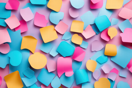 Brightly colored sticky notes in various shapes and sizes are spread across a pastel background, inviting creativity and expression.の素材