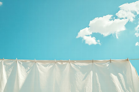 Bright white clothes are hanging on a line, enjoying the sunshine beneath a clear blue sky with soft, fluffy clouds.の素材
