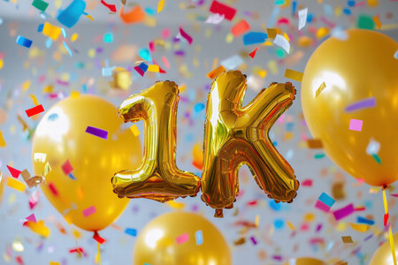 Golden foil 1K balloons float amidst colorful confetti, embodying a joyous celebration of reaching a subscriber milestone with room for text.の素材