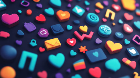 Vibrant icons representing social media platforms and digital communication are scattered across a dark backdrop, illustrating modern connectivity.の素材