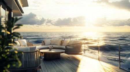 Relaxing on a luxury yacht deck, guests enjoy elegant furnishings and breathtaking views of the ocean during a serene sunset.の素材
