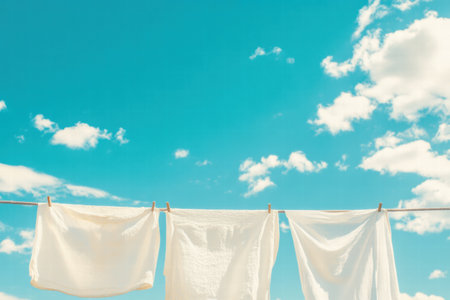 Freshly washed white clothes dry on a line in bright sunlight, creating a serene atmosphere under a vibrant blue sky filled with clouds.の素材