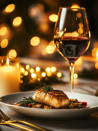 A gourmet dish beautifully plated on an elegant table, accompanied by a glass of red wine and softly glowing candles in a festive setting.の素材