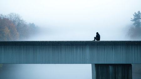 A solitary person sits on the edge of a bridge shrouded in fog, contemplating the quiet surroundings as the sun begins to rise.の素材