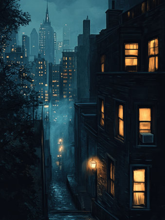 A moody cityscape showcases dimly lit buildings with a few glowing windows, highlighting a quiet urban atmosphere at night.の素材