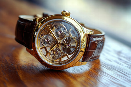 A golden luxury wristwatch with a detailed frame lies on a smooth wooden surface, highlighting its fine craftsmanship and style.の素材