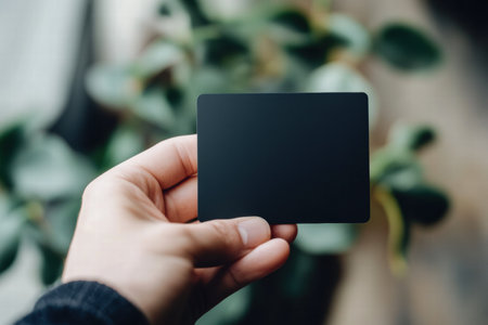 A hand presents a stylish black gift card amidst soft green foliage, inviting personalization or message where needed.の素材