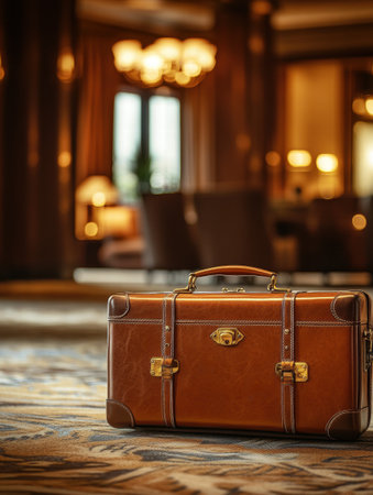 A finely crafted leather suitcase featuring golden accents is positioned on a plush rug within a luxurious furnishing hotel lobby showcasing elegantings.の素材