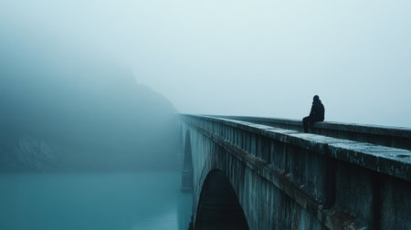 A single individual sits on the edge of a bridge, enveloped in fog, reflecting on solitude amid a tranquil landscape.の素材