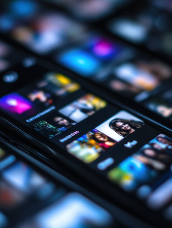 A smartphone screen shows a vibrant news feed, featuring multiple posts and images, highlighting the latest trends from social media.の素材