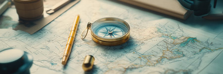 A detailed vintage map lies flat with a classic compass and pencil, inviting discovery of new adventures across unknown lands.の素材