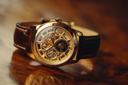 A stunning luxury wristwatch with a golden frame and intricate design rests on a polished wooden surface, highlighting its craftsmanship and elegance.の素材
