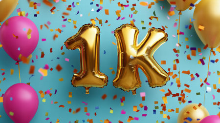 Golden foil balloons displaying 1K are surrounded by vibrant confetti and balloons, creating a festive atmosphere perfect for celebration.の素材