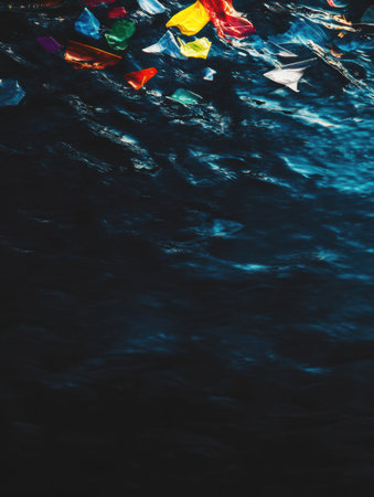 Brightly colored plastic waste is scattered across the surface of a deep blue ocean, emphasizing the ongoing marine pollution crisis.の素材