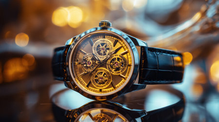 A luxury wrist watch with a golden frame and intricate details rests on a glossy surface, illuminated by soft evening lights that enhance its elegance.の素材