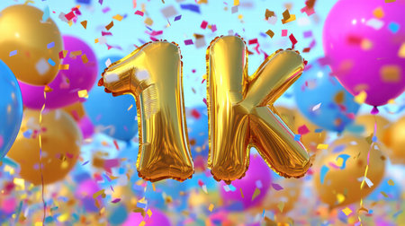 Golden foil balloons display the number 1K surrounded by vibrant confetti, perfect for a joyful celebration of subscriber milestones.の素材