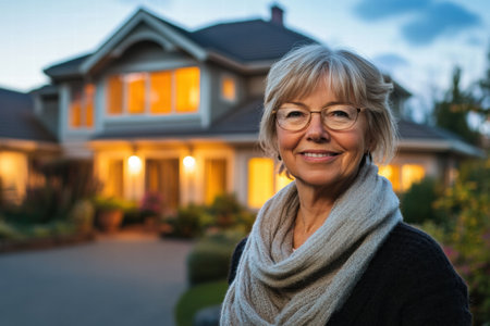 A warm and inviting mansion shines in the twilight, as a smiling woman enjoys the peaceful ambiance of her elegant home.の素材