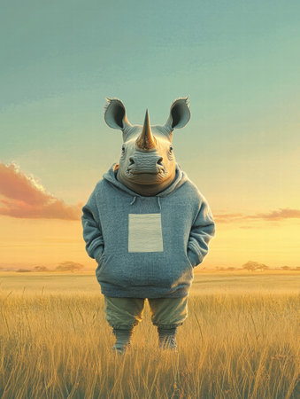 A rhino appears relaxed in a cozy outfit on a barren savanna during sunset, showing its unique presence against a colorful sky.の素材