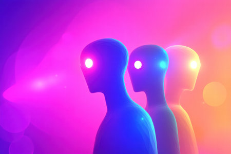 Three faceless avatars in bright hues stand lined up, showcasing glowing features against a colorful, soft backdrop ideal for creative use.の素材