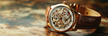 A stunning luxury wristwatch features a golden frame and intricate details, resting on a textured surface in a refined environment.の素材