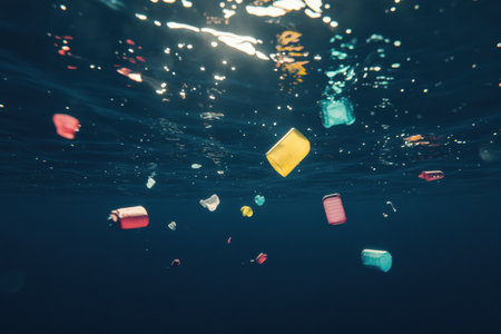 Brightly colored plastic waste drifts on the surface of a deep blue ocean, showing the urgent issue of marine pollution affecting wildlife.の素材