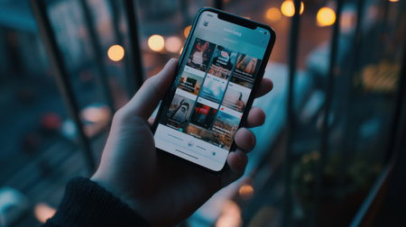 A hand holds a smartphone displaying a diverse news feed full of images and updates while evening lights illuminate the street.の素材