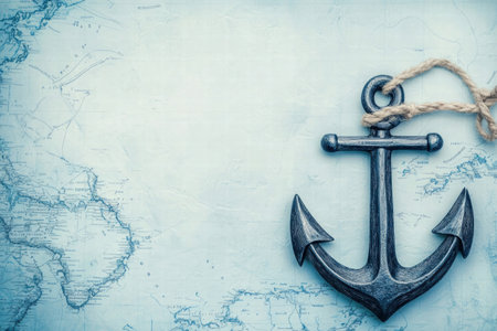 A detailed anchor placed on a retro nautical map features open space that invites personalized text or messages for various uses.の素材