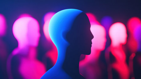 Silhouettes of faceless avatars are outlined against a vivid gradient backdrop, providing ample space for text placements and mockups.の素材