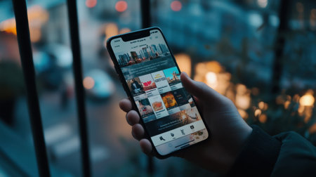 Individual holds smartphone displaying a social media news feed with various posts while overlooking an urban setting at dusk.の素材