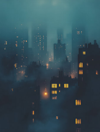 A dark cityscape emerges at night, featuring few illuminated windows amid a foggy backdrop, enhancing the urban mystery and solitude.の素材