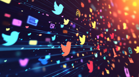 Colorful social media icons flow across a dark backdrop, symbolizing online interactions and current digital trends at night.の素材