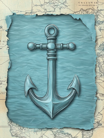A detailed anchor design is set against a blue textured background and surrounded by nautical map elements, leaving space for additional text.の素材