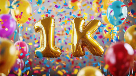 Festive celebration with golden foil balloons announcing 1K subscribers surrounded by vibrant confetti and balloons, ready for joyful announcements.の素材