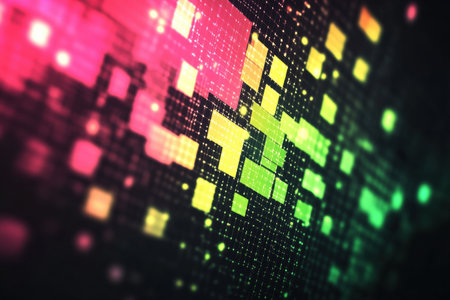 Colorful mosaic design boasts a blend of glowing pixelated elements, creating a visually captivating and energizing composition.の素材