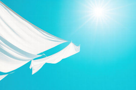 White clothes sway gently on a line under the warm sun, set against a vibrant blue sky providing a serene atmosphere.の素材