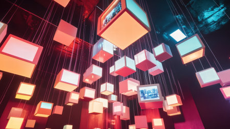 Suspended cubes with glowing surfaces display dynamic abstract text and media symbols, creating an engaging and colorful atmosphere.の素材
