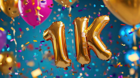 Golden foil balloons display the number 1K amidst a burst of colorful confetti, creating a vibrant atmosphere for a celebration.の素材