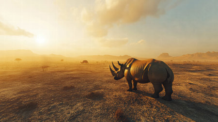 A solitary rhino stands in a vast, arid savanna, illuminated by the warm glow of the sunset, with space available for text or graphics.の素材