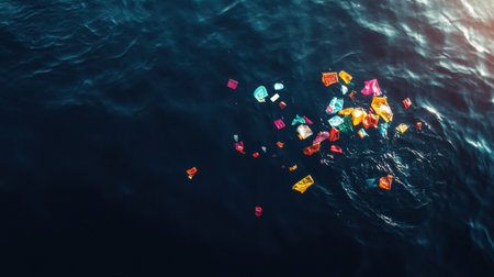 Brightly colored plastic debris drifts on the surface of a vast blue ocean under sunlight, highlighting the issue of marine pollution.の素材