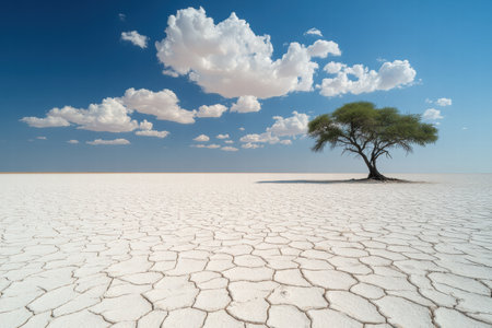 A cracked dry lakebed is illuminated by a blazing sun, featuring a lone tree standing proudly amidst the arid expanse and fluffy clouds.の素材