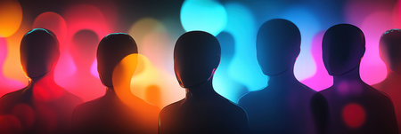 Multiple faceless avatars are arranged against a vibrant bokeh backdrop, creating a space for personalized text and design elements.の素材