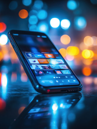 A smartphone screen shows a lively news feed amidst a backdrop of colorful bokeh lights at night in a bustling city.の素材