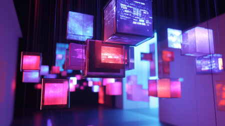 In a modern art space, translucent cubes dangle from above, each displaying colorful symbols and text, creating an immersive experience.の素材