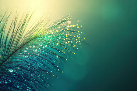 Close up view of a vibrant peacock feather adorned with dew drops, creating a tranquil atmosphere ideal for design and creative projects.の素材