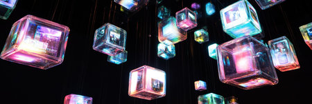 Colorful cubes hover in a dark space, each featuring captivating text and symbols related to various forms of digital media and communication.の素材